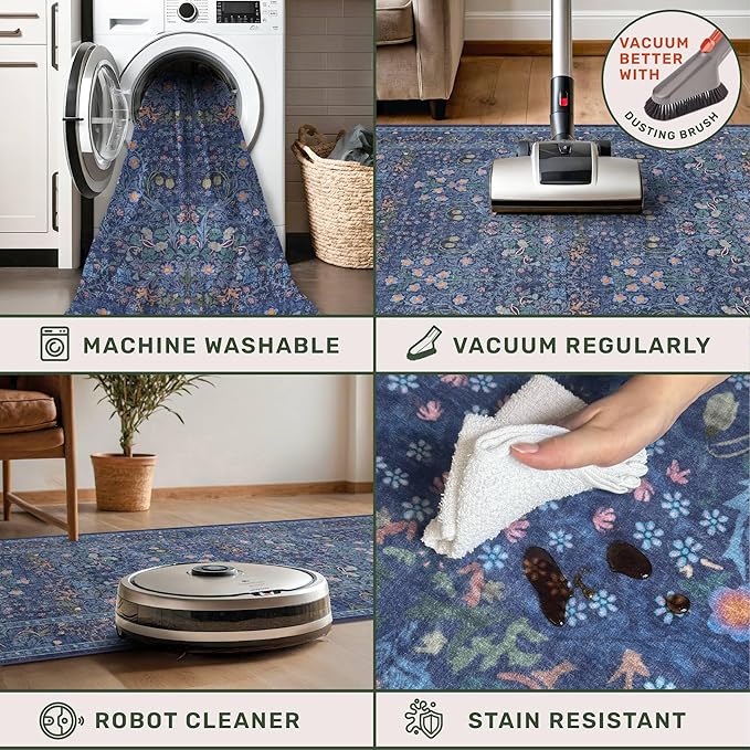Vintage Dark Blue 3x4 Entryway Rug, Washable Small Area Rugs for Kitchen, Bedroom, Oriental Low Pile Stain Resistant Non-Slip Large Rug