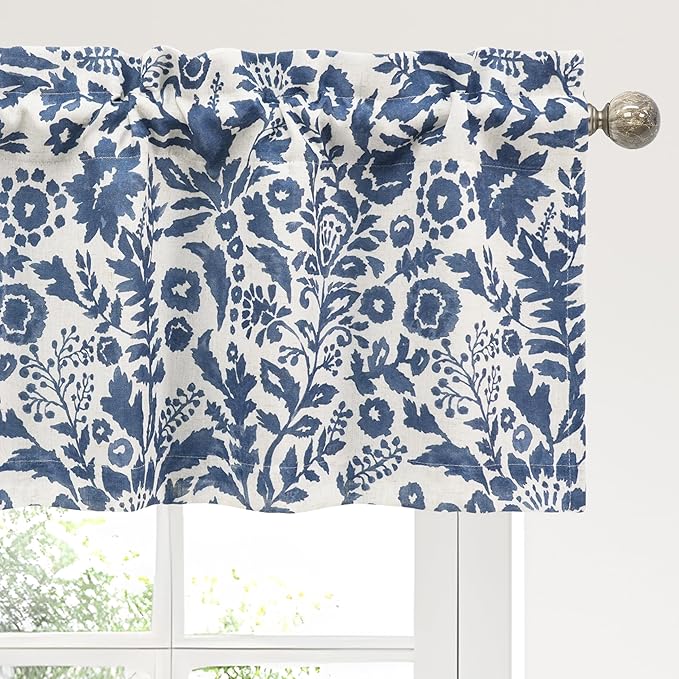 DriftAway Julia Watercolor Blooming Flower Floral Lined Thermal Insulated Window Curtain Valance Rod Pocket 52 Inch by 18 Inch Plus 2 Inch Header Linen Blend Navy 1 Pack