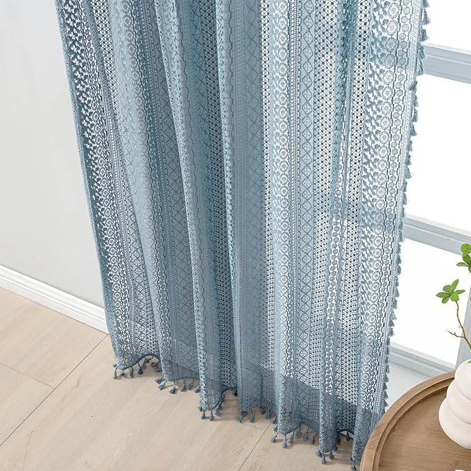WAZZIO Boho Lace Curtains 84 Inches 2 Panel,Light Filtering Privacy Tassel & Geometry Crochet Semi Sheer Curtain Drapes for Bedroom Living Dining Room,Rod Pocket & Tassel,Light Slate Blue