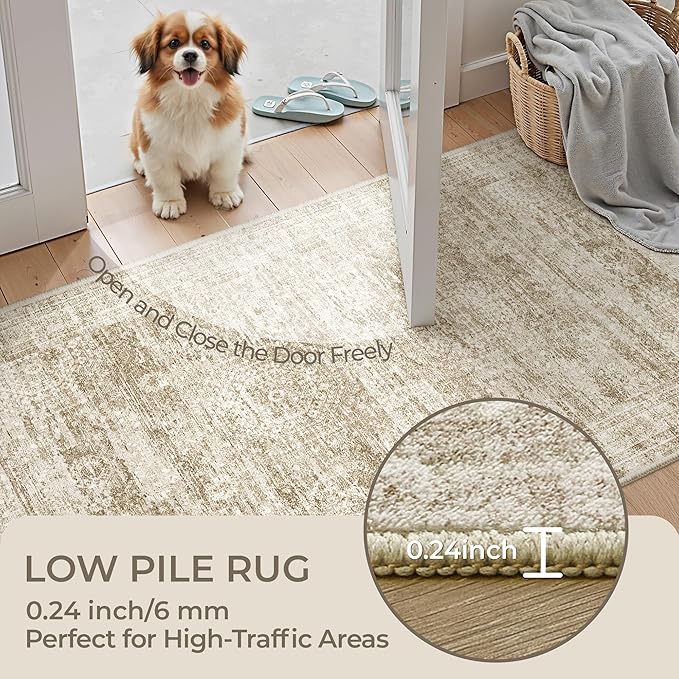 Kitchen Runner Rug Non Slip - 2.5 x 8 Runners for Hallways, Entryway, Bedroom, Washable Runner Rugs for Bathroom, Laundry Room, Low Pile Soft Vintage Area Rug(2.5'x8', Brown/Ivory)