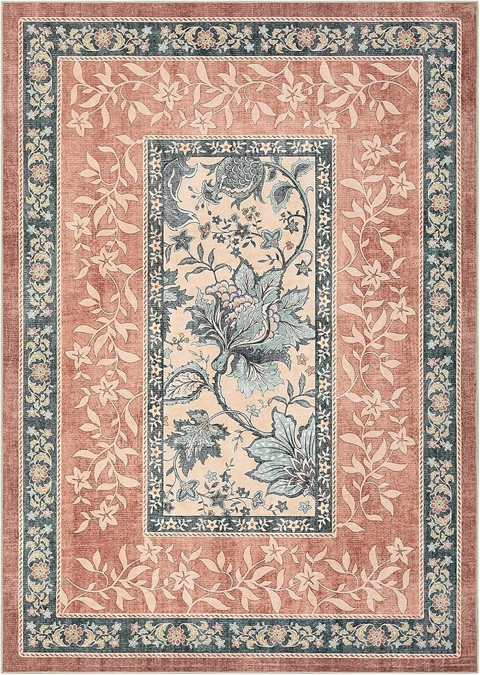 GarveeHome Terracotta Teal Washable 5x7 Area Rugs, Botanical Grove Vintage Cottage core Non-Slip Rug for Bedroom Living Room Nursery Kitchen Low-Pile Retro Carpet