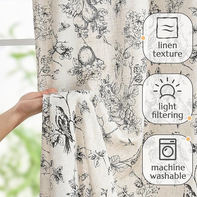 jinchan Linen Floral Curtains for Living Room 84 Inch Length Black Printed Flower Light Filtering French Country Curtain Farmhouse Cottage Core Toile Curtains Back Tab Window Drapes Set 2 Panels