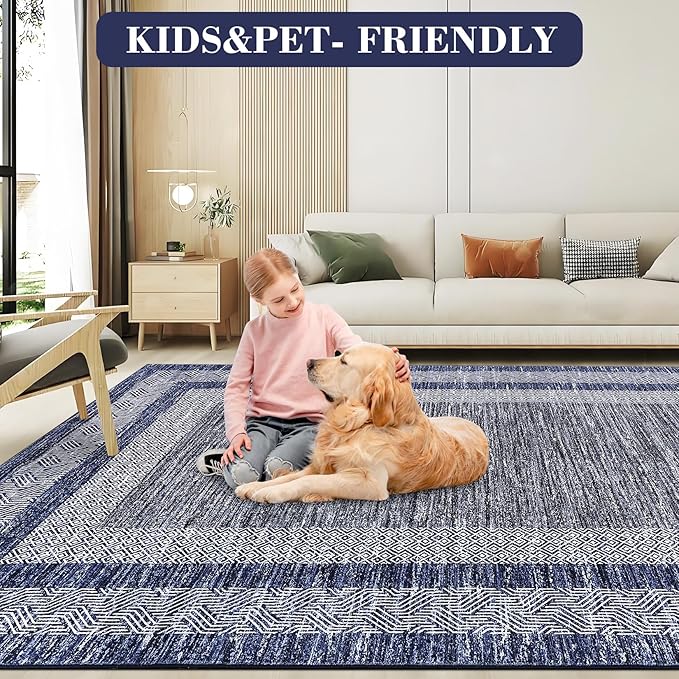 GarveeHome 2x6 Modern Bordered Runner Rug Soft Non Slip Runner Washable Non Shedding Floor Carpet, Distressed Geometric Hallway Runner, Indoor Printed Runner for Kitchen, Entrance, Blue