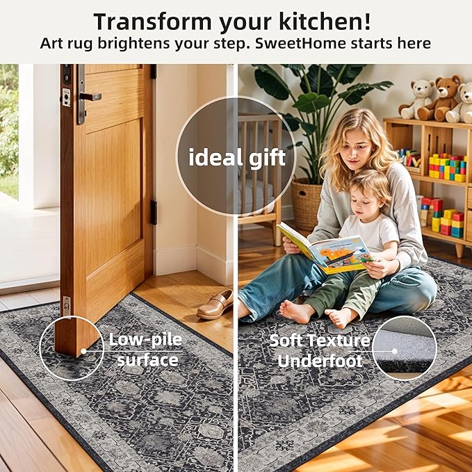 Washable 4-Piece Kitchen Floor Mats: Farmhouse Non-Slip Kitchen Sink Rug Easy Clean Water-Resistant Runners for Hallway Bathroom Soft Decorative Carpet for Pet Feeding Area(2x3+2x4+2x5+2x6,Black)