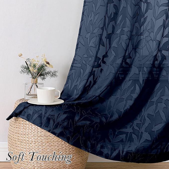 Lecloud Leia Navy Blue Sheer Curtains 54 Inch Length 2 Pcs, Rod Pockets Bedroom Curtains for Living Room Decor, Light Filtering Jacquard Leaf Textured Farmhouse Drapes, Each Panel 42" W x 54" L