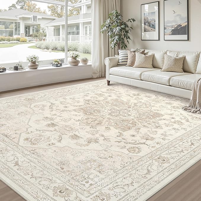 8x10 Area Rugs for Living Room: Vintage Boho Neutral Washable Rug Indoor Soft Large Area Rug Carpet for Bedroom Nursery Farmhouse Dining Room Office Floor Non-Slip Low Pile Under Table Rug Beige White