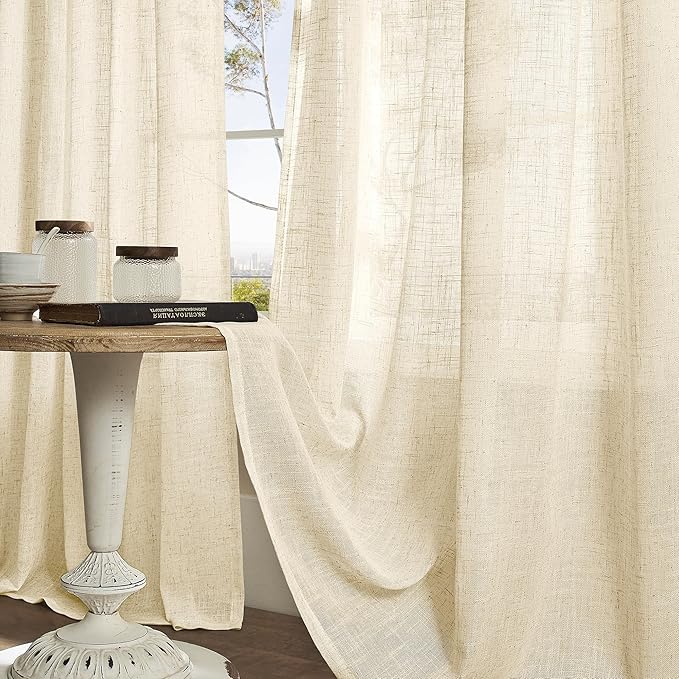 LAMIT Beige Linen Curtains 84 Inch Length 2 Panels for Living Room, Light Filtering Boho Window Treatments Semi Sheer Neutral Thick Drapes with Bronze Grommet for Bedroom/Farmhouse, 52 X 84 Inch