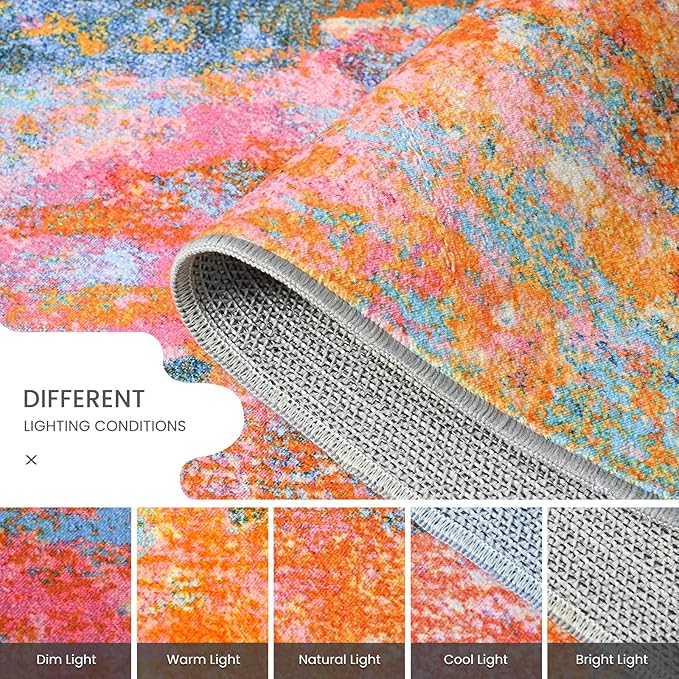 Ompaa Living Room Rug 5x7 Rainbow Area Rugs Washable Boho Colorful Rug Non Slip Abstract Vintage Indoor Large Carpet for Bedroom, Classroom, College Dorm, Farmhouse, Dining Room, Kids Playroom