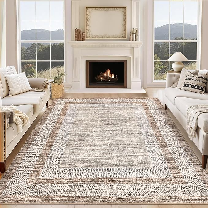 GarveeHome 10x13 Large Washable Geometric Area Rug Non Slip Non Shedding Floor Carpet, Modern Bordered Distressed Brown Indoor Printed Rug for Living Room, Bedroom, Office