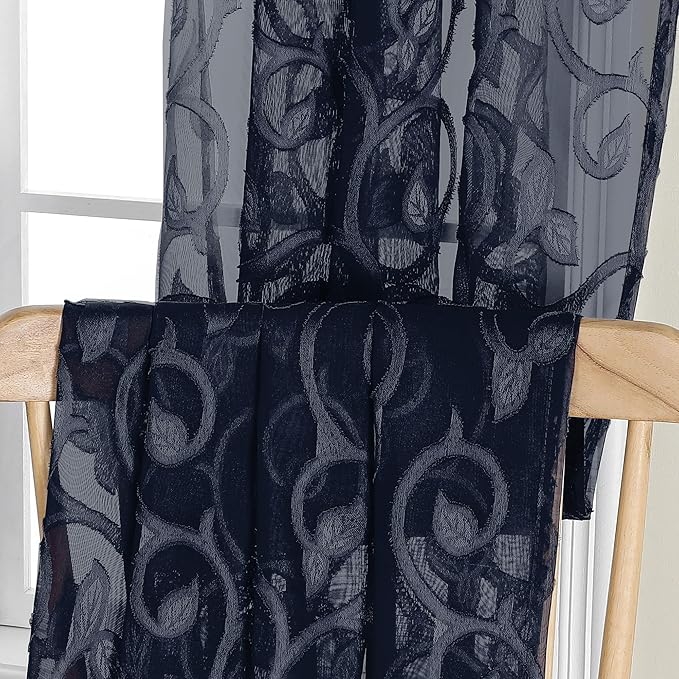 OWENIE Furman Sheer Curtains 54 Inch Length 2 Panels Set for Living Room Bedroom, Airy Jacquard Clip Short Curtains for Small Window, Rod Pocket Bathroom Window Curtain Each 42W inch 54L, Navy Blue