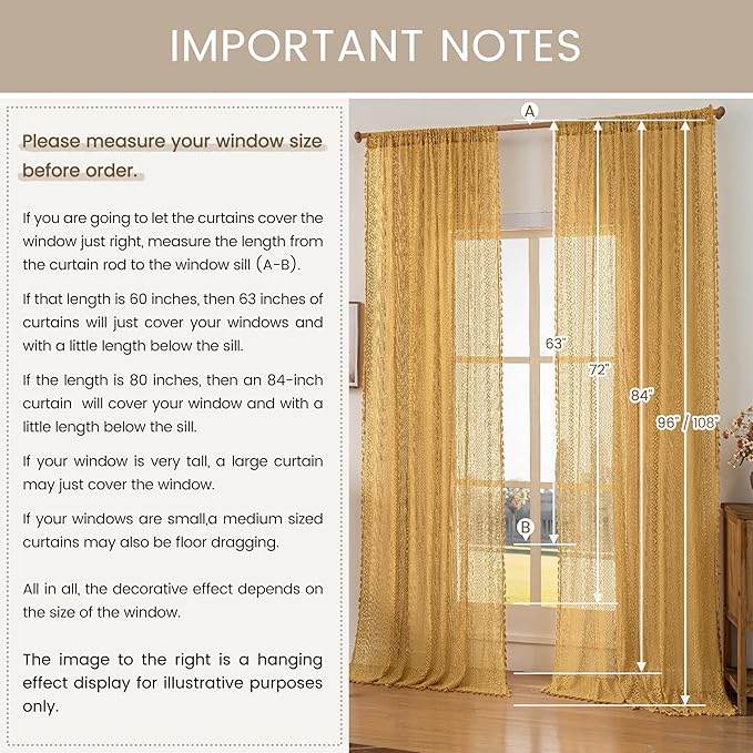 WAZZIO Boho Lace Curtains 84 Inches 2 Panel,Light Filtering Privacy Tassel & Geometry Crochet Semi Sheer Curtain Drapes for Bedroom Living Dining Room,Rod Pocket & Tassel,Mustard Yellow