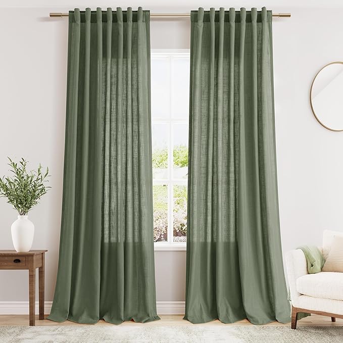 Nanspring Olive Green Linen Curtains for Living Room 2 Panels Set 144 Inch Length Back Tab Light Filtering Semi Sheer Curtain Drapes for Bedroom 52x144