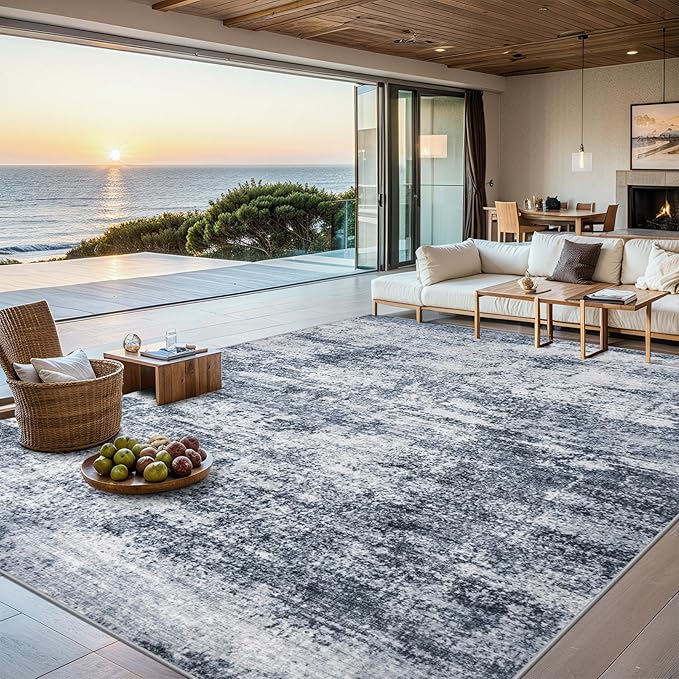 Area Rugs 10x14 Living Room - Washable Rug Modern Abstract Soft Large Neutral Non-Slip Carpet Indoor Floor Thin Carpets for Bedroom Dining Room Farmhouse Nursery Home Office Grey Blue