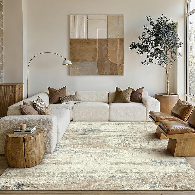 6x9 Area Rug Washable Beige Brown Abstract Living Room Carpet Non Slip Modern Neutral Soft Low Pile Contemporary Aesthetic Bedroom Large Rug Indoor Office Dining Room Playroom