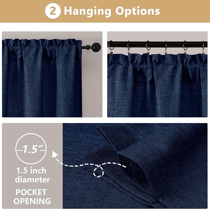 OVZME Navy Blue Valance for Windows, Light Filtering Faux Linen Textured Small Short Valance Kitchen Curtain, Dual Rod Pocket Top Short Window Curtain for Bathroom Basement Farmhouse, 1 Piece, 60Wx14L