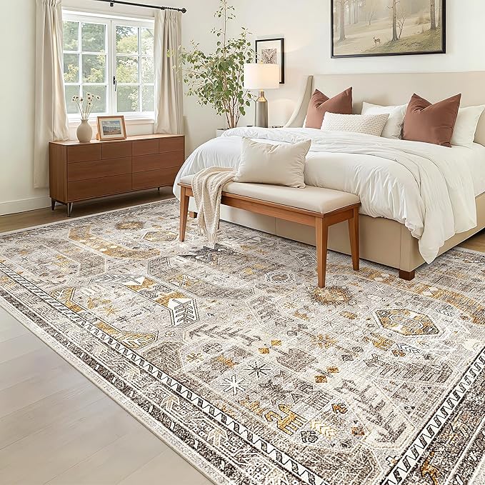 Madane 6x9 Area Rugs for Living Room, Stain Resistant Washable Rugs, Non-Slip Backing Area Rug, Vintage Home Decor Rug for Bedroom (Brown/Gold, 6'x9')