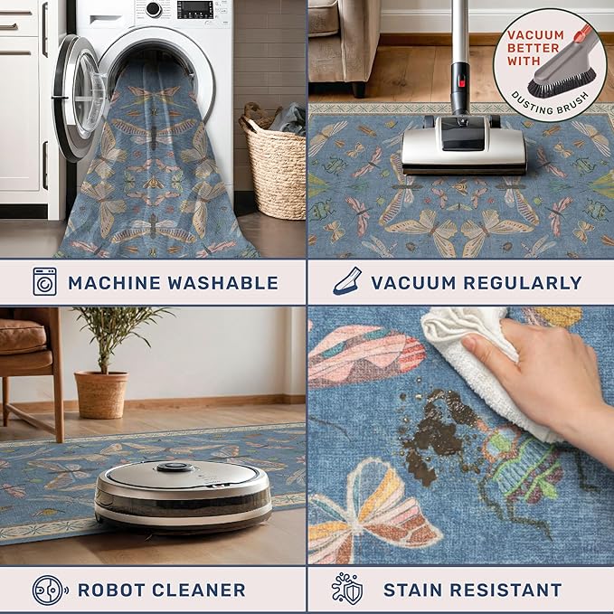 Dusty Blue Bathroom Rug 2x4 - Aqua Blue Rug for Entryway Indoor Entrance, Kitchen Floor, Washable Low Pile Stain & Fade Resistant, Waterproof Insect Floral Decor
