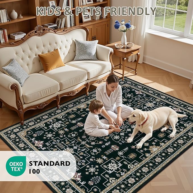 2x3 Area Rugs Living Room Rug: Washable Vintage Boho Medallion Rug No Slip Stain Resistant Soft Carpet Indoor Floor Large Carpets for Bedroom Dining Room Farmhouse Nursery Hallway Home Office Black