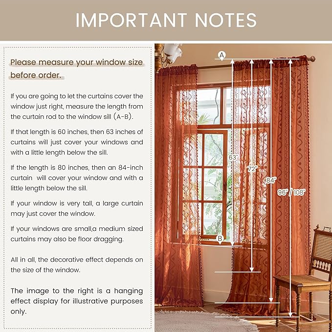 WAZZIO Boho Lace Curtains 72 Inch 2 Panels-Vintage Sheer Panel Drape Floral Pattern & Tassel Light Filtering Privacy for Bedroom Dining Living Room,Cottage Earthy Full Decor Terracotta,W52 x 72L