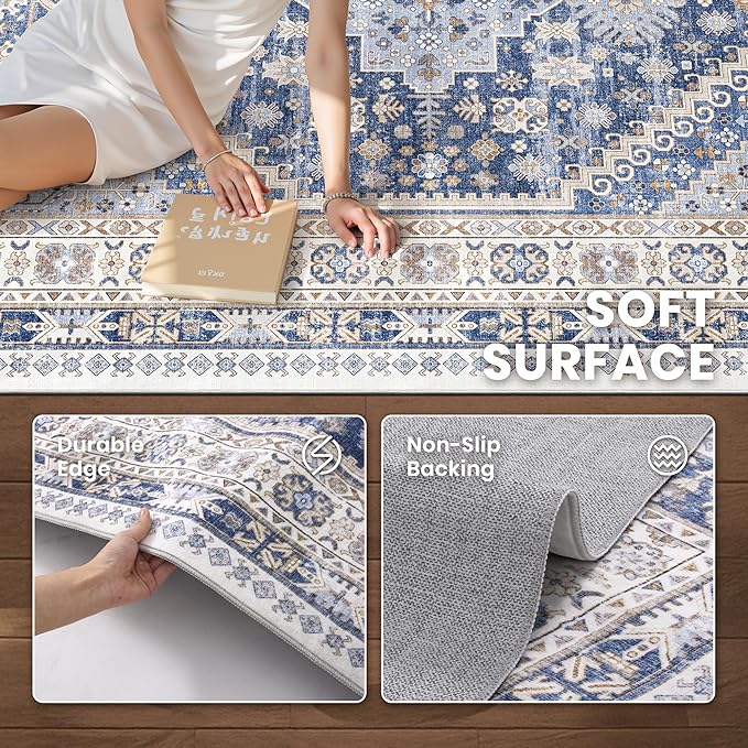 zesthome Washable Runner Rug 2.5x14 - Stain Resistant Entryway Rug,Ultra-Thin Kitchen Rugs, Anti Slip Backing Runner Rugs for Entrance Laundry Room Indoor Hallway (Blue/Beige,2.5'x14')
