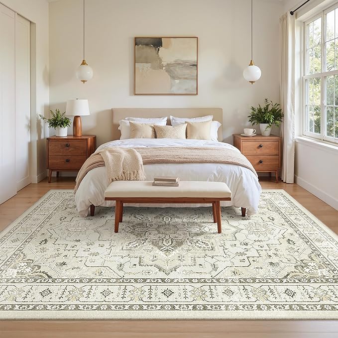zesthome Washable Rug 6x9 Area Rugs,Stain Resistant Rugs for Living Room,Bedroom,Non-Slip Backing Home Decor Rug, Vintage Medallion Pattern Rugs (Beige,6'x9')