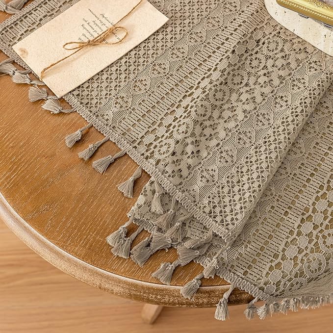 WAZZIO Boho Lace Curtains 63 Inches 2 Panel,Light Filtering Privacy Tassel & Geometry Crochet Semi Sheer Curtain Drapes for Bedroom Living Dining Room,Rod Pocket & Tassel,Earthy Color Taupe