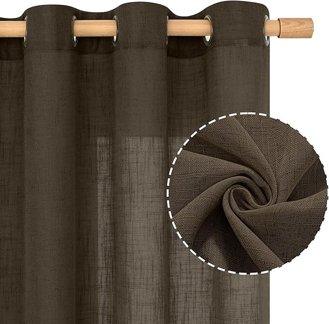 LAMIT Brown Linen Curtains 48 Inch Length for Bedroom Kitchen Window, Light Filtering Semi Sheer Panels Bronze Grommet Burlap Drapes for Small Windows, 2 Panels, Dark Brown, 34 x 48 Inch