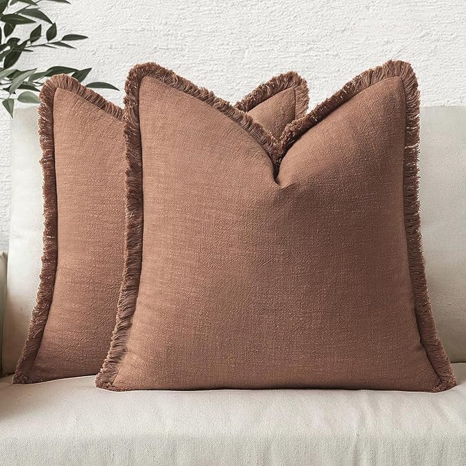 MIULEE Decorative Throw Pillow Covers Neutral Linen Fringe Throw Pillows Set of 2 Brick Boho Farmhouse Cushion Covers with Tassels for Couch Sofa Bed Living Room Spring Home Decor 20x20 Inch