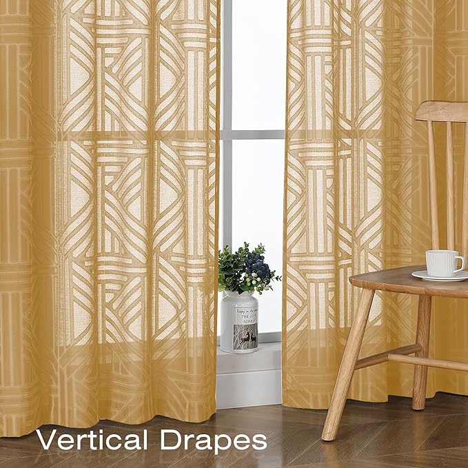 Simplebrand Sheer Gold Kitchen Curtains 24 Inch Length Tier Curtains 2 Panels, Light Filtering Geometric Jacquard Clip Textured Semi Sheer Short Window Curtains for Bathroom, 30x24 inch