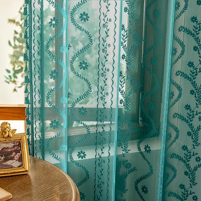 WAZZIO Boho Lace Curtains 2 Panels 45 Inch -Victorian Sheer Panel Drape French Country Floral Pattern & Tassel Light Filtering Privacy for Bedroom Dining Living Room,Coastal Decor,Teal,W52x L45