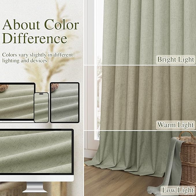 Sage Green 100% Blackout Linen Curtains 108 Inch Length 2 Panels Set for Living Room Bedroom Back Tab Rod Pocket Thermal Insulated Black Out Drapes Room Darkening Window Curtains 52x108