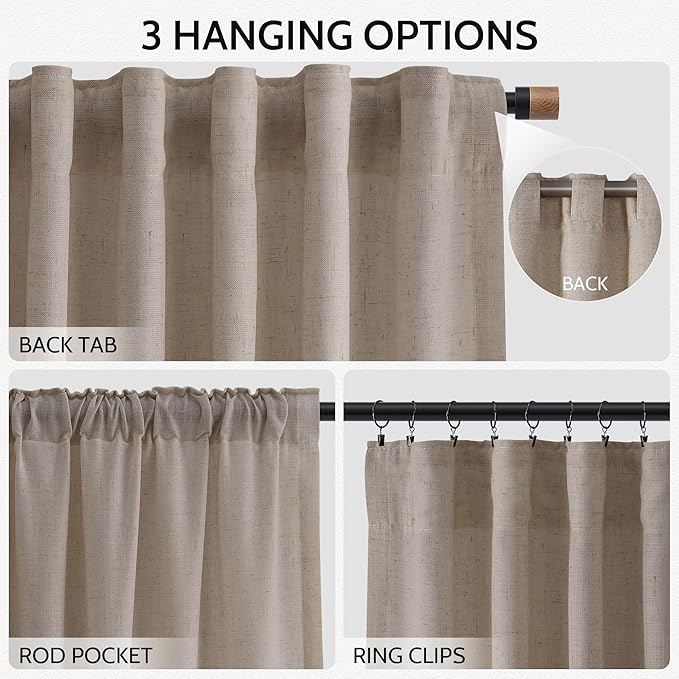 Nanspring Extra Long 120 Inch Curtains for Living Room Ecru Flax Linen Light Filtering Semi Sheer Curtain Back Tab Rustic Decor Boho Burlap Floor to Ceiling High Window for Bedroom 52x120, 2 Panels