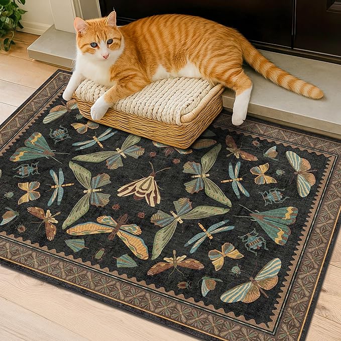 Small Black Entryway Rug - 2x3 Front Door Rug Indoor Entrance, Small Carpet for Kitchen Floor, Bathroom, Powder Room, Washable Low Pile Non Slip, Insect Print Home Décor