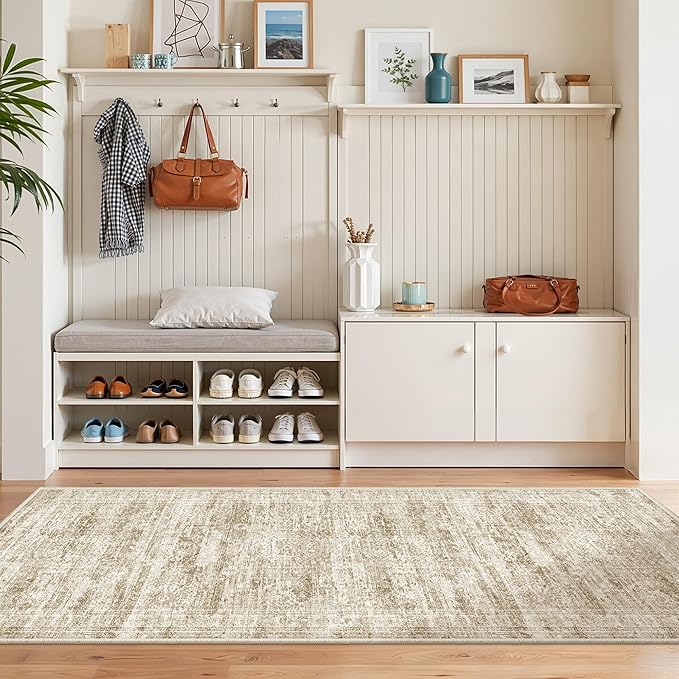 2x5 Rug Runner Washable for Entryway, Soft Bathroom Rugs with Non-Slip Backing, Abstract Low Pile Hallway Runner, Vintage Small Kitchen Carpet for Stair, Laundry Room(2'x5', Brown/Ivory)