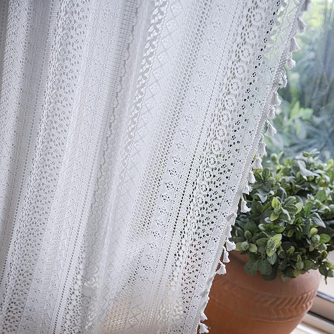 WAZZIO Boho Lace Curtains 63 Inches 2 Panel,Light Filtering Privacy Tassel & Geometry Crochet Semi Sheer Curtain Drapes for Bedroom Living Dining Room,Rod Pocket & Tassel,Victorian Decor,Off White