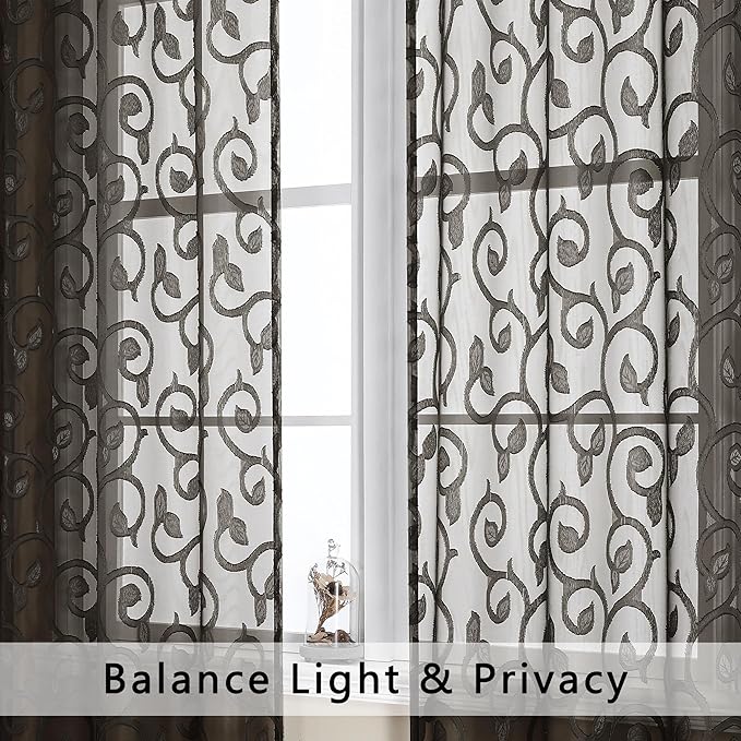 OWENIE Furman Chocolate Sheer Curtains 96 inches Long for Bedroom Living Room 2 Panels Set, Light Filtering Sheer Curtain with Elegant Clip Jacquard, Rod Pocket Window Treatments, 2 Pcs = 80" Width
