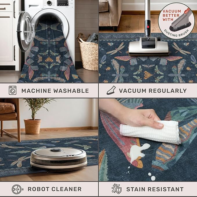 Dark Blue 2x3 Small Rugs for Bathroom Non Slip, Washable Vintage Boho Insect Rug for Kitchen Floor, Entryway Indoor, Powder Room, House Decor Aesthetic, Low Pile Non Slip Carpet