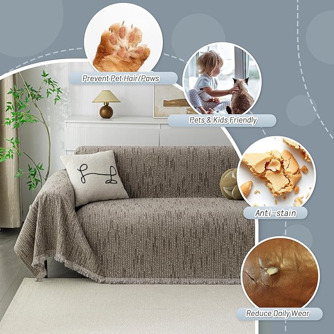 MYSKY HOME Boho Couch Cover Sand Sofa Covers with Tassel Farmhouse Sofa Slipcover Simple Couch Protector for Dogs Chenille Sectional Couch Covers L Shaped Couch Cushion Covers, 71"x 134"