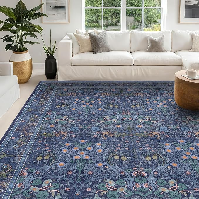 Washable Dining Room Rugs for Under Table - 7x9 Dark Blue Oriental Area Rug for Living Room, Low Pile Non-Slip Floor Carpet for Bedroom Under Bed - Vintage Design & Stain Resistance (7x9 Dark Blue)