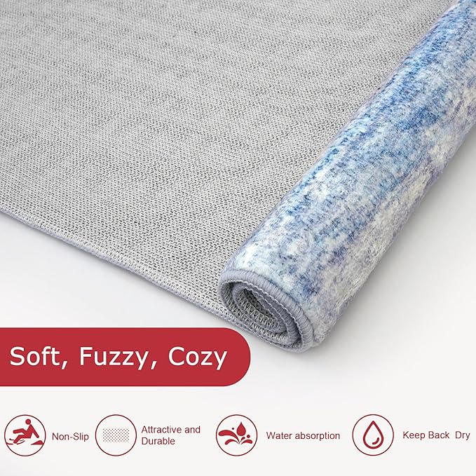 KOZYFLY Modern Abstract Kitchen Runner Rug, 2x10 Washable Rug Runner Non-Slip Soft Striped Hallway Runner Rugs, Blue/Grey/Beige Print Carpet Runner for Entryway Bathroom Laundry Room Foyer