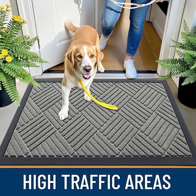 OLANLY Front Door Mat Outside Entrance 35x23, Absorbent, Heavy Duty Sturdy Natural Rubber Doormat Indoor Outdoor, Stain Fade Resistant, Non-Slip Low Profile Floor Mat for Entryway, Modern Gray Diamond
