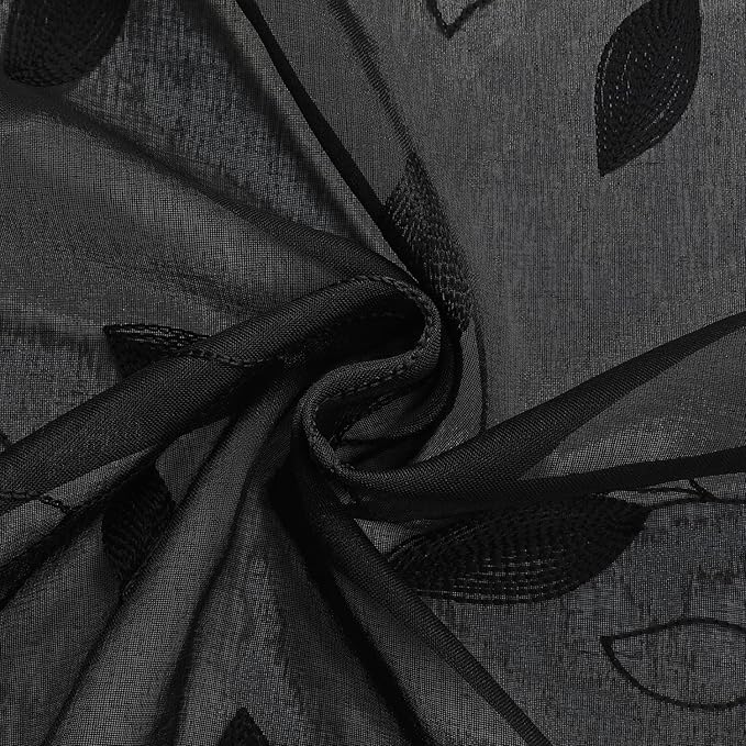 HOMEIDEAS Black Sheer Curtains 52 X 84 Inches Length 2 Panels Black Embroidered Leaf Pattern Gothic Faux Linen Floral Semi Sheer Voile Window Curtains/Drapes for Bedroom Living Room