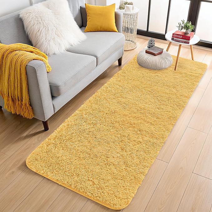 OLANLY 2x6 Machine Washable Runner Rugs for Hallway, Soft Fluffy Shaggy Bedside Rugs for Bedroom, Living Room, Indoor Floor Carpet for Kids Girls and Boys, Home Decor Aesthetic, Mustard Yellow