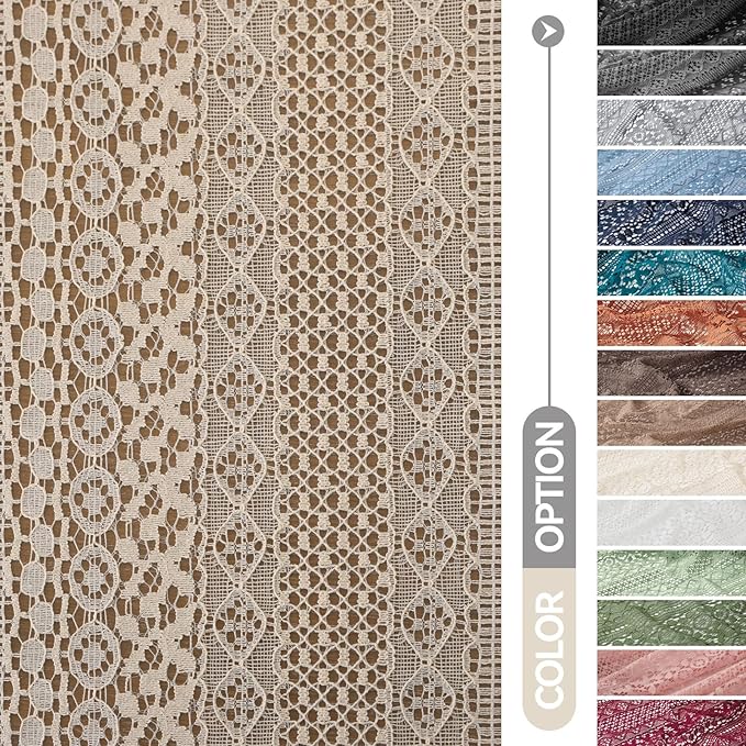 WAZZIO Boho Lace Curtains 45 Inches 2 Panel,Light Filtering Privacy Tassel & Geometry Crochet Semi Sheer Curtain Drapes for Bedroom Living Dining Room,Rod Pocket & Tassel,Vintage French Country,Beige