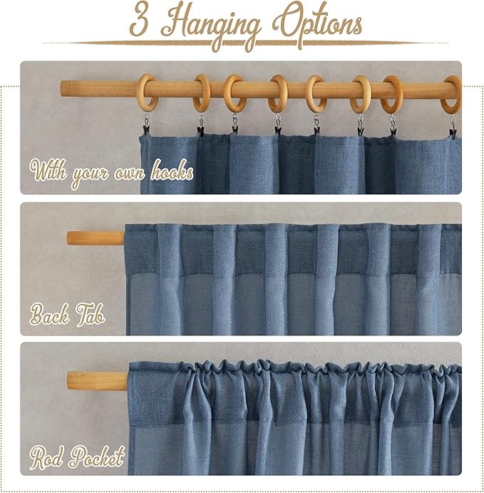 NICETOWN Linen Blend Stone Blue Curtains for Living Room, Rod Pocket & Back Tab Flax Burlap Drapes Semi Sheer Privacy with Light Filtering Window Treatments for Bedroom, W52 x L84, 2 Panels