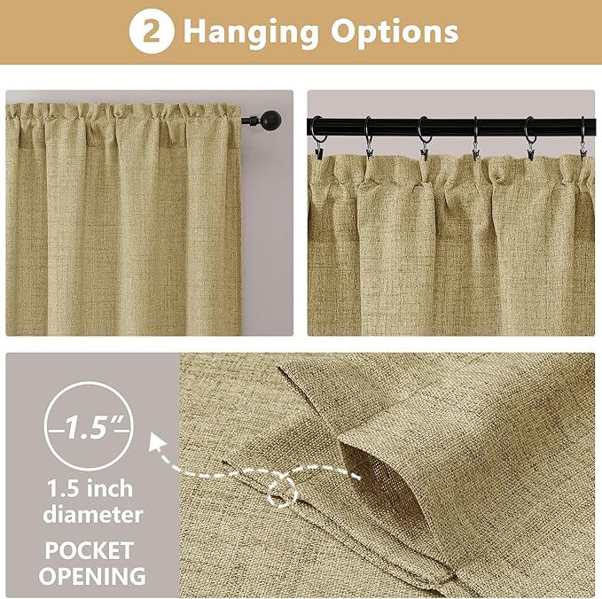 OVZME Valance for Windows, Light Filtering Faux Linen Textured Small Short Valance Kitchen Curtain, Dual Rod Pocket Top Short Window Curtain for Bathroom Basement Farmhouse, 52Wx16L Inch, Camel
