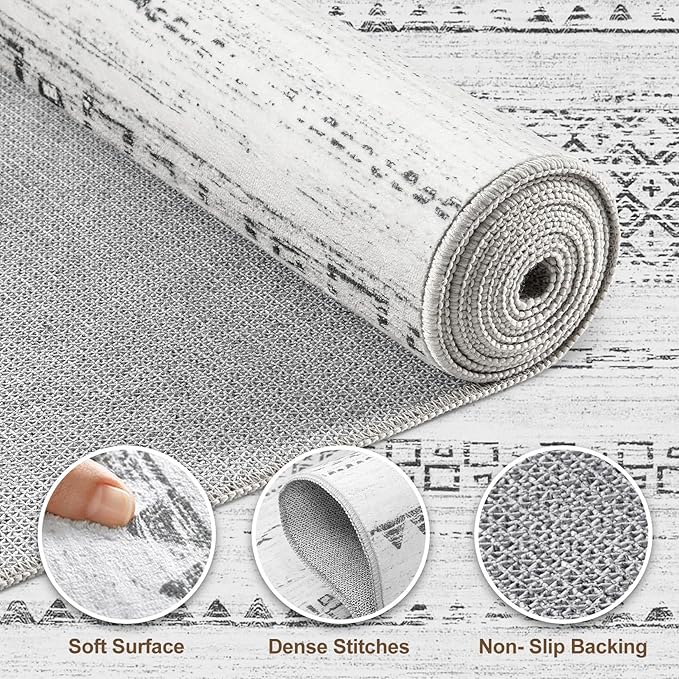 Nakagishi Area Rug Living Room Rugs: 3x5 Soft Machine Washable Boho Neutral Farmhouse Stain Resistant Moroccan Indoor Floor Carpet for Bedroom Nursery Kids Entryway Kitchen Entry Bedside Home- Grey