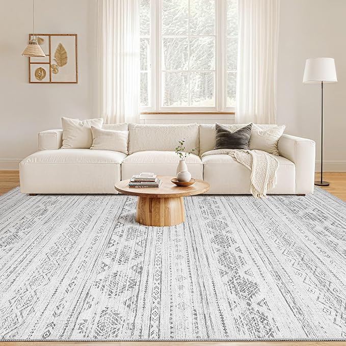 Nakagishi 7x9 Area Rug Living Room: Washable Boho Large Neutral Soft Farmhouse Modern Rugs Stain Resistant Moroccan Non-Slip Indoor Carpet for Bedroom Nursery Kids Office Dining Room- Dark Grey