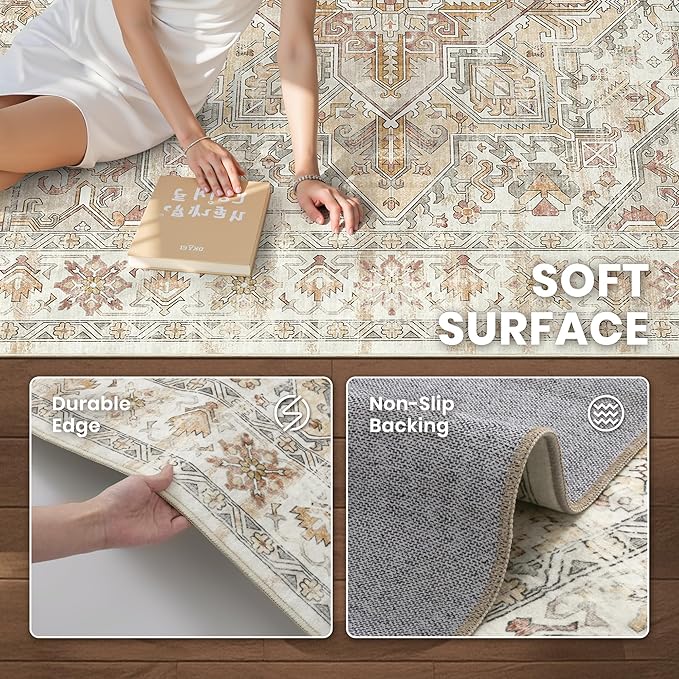 zesthome 9x12 Area Rugs-Washable Rug for Living Room, Non-Slip Backing Rugs, Stain Resistant Rug for Bedroom, Ultra-Thin Low Pile Rugs, Vintage Large Home Decor