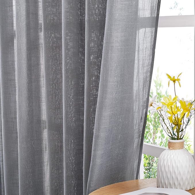 NICETOWN Bathroom Window Curtains 45 inch Length, Natural Linen Textured Rod Pocket & Back Tab Semi Sheer Short Curtains Privacy with Light Through for Bedroom/Living Room, 52" Wide, Grey